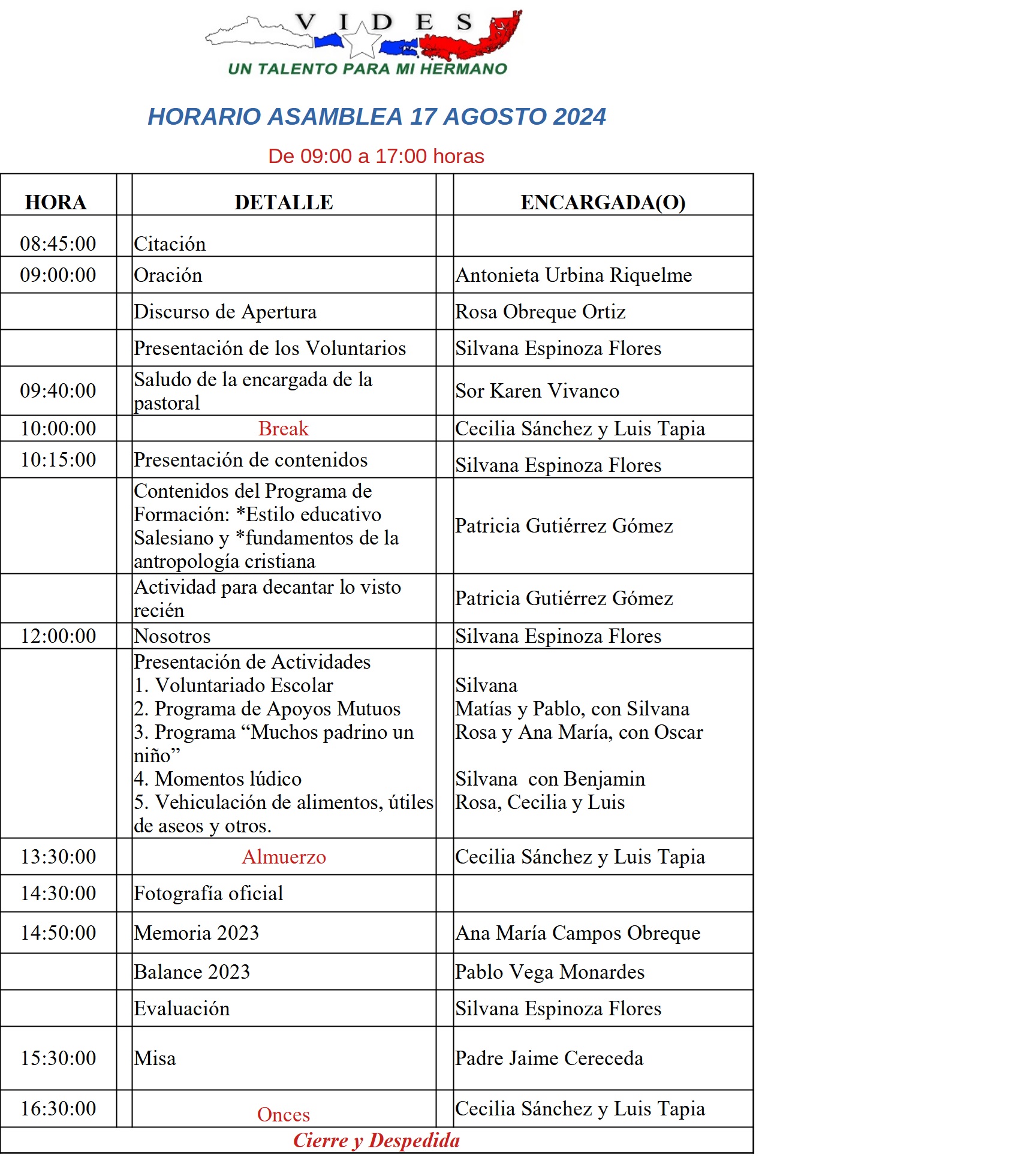 Horario Asamblea VIDES Chile